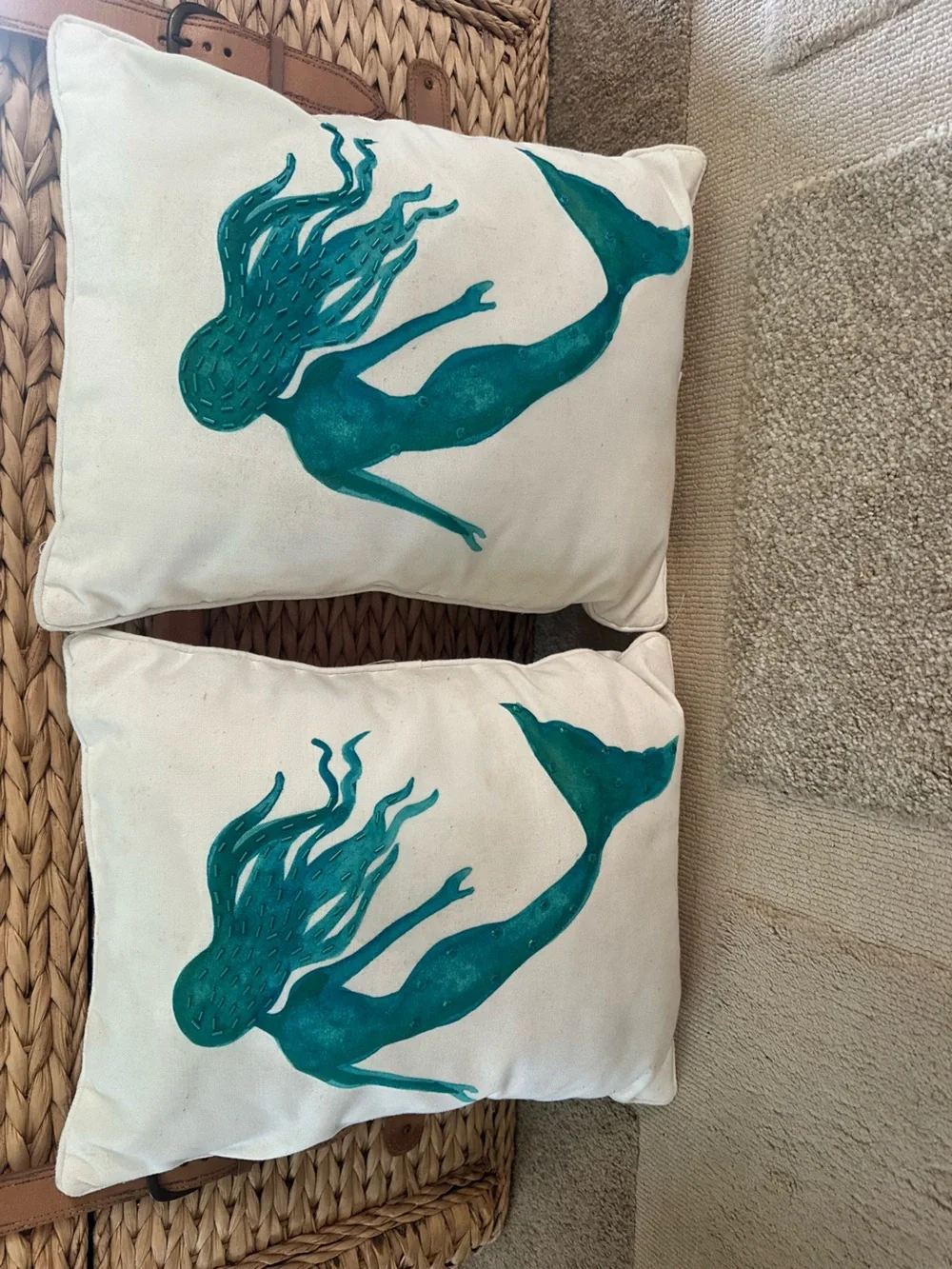 Pair of 13”x17” teal and cream beaded mermaid accent pillows